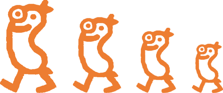 Logo Bratwurststand Smith Logo Vier orangefarbene, stilisierte Figuren, die in einer Reihe gehen.